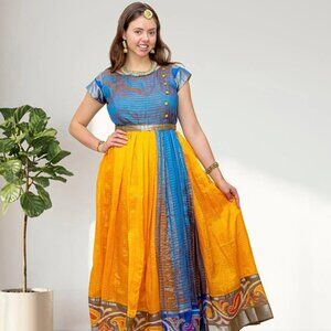 Yellow and Blue Silk Anarkali Dress | Muvvas Boutique
